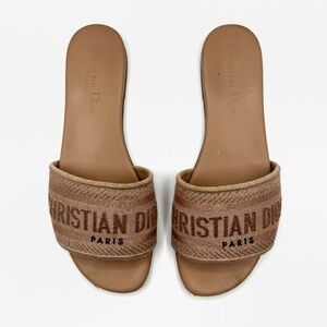 Christian Dior Pink Beige Dway Logo Canvas Embroidered Flats Sandal Shoes